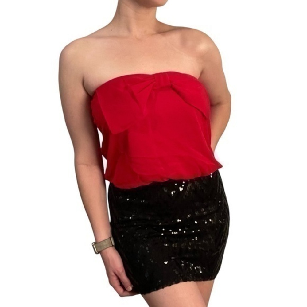 Deb Red Bow Black Sequin Mini Dress 💕